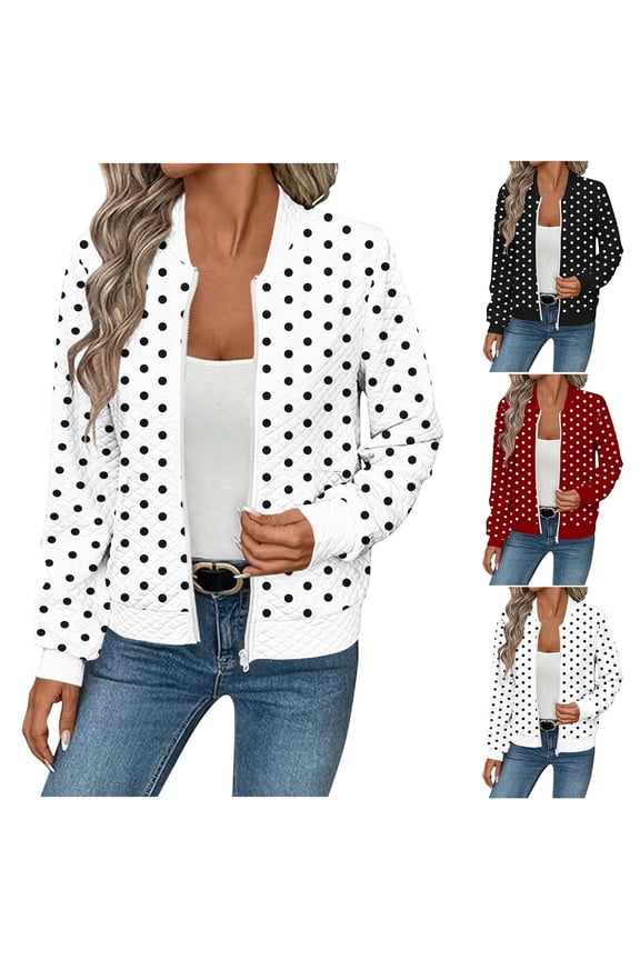 Fall Jackets Women Zip Up Bomber Jacket Lightweight Outwear Polka Dot Coat Outdoor Hiking Travel Windbreaker Jackets White M