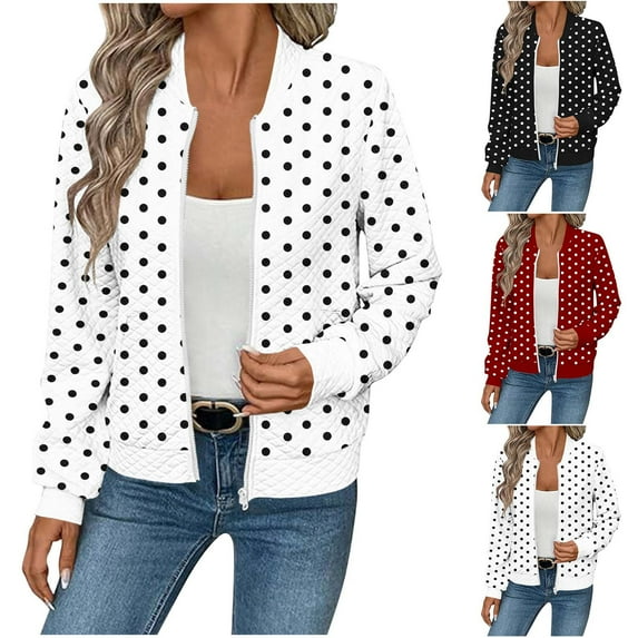 XPMWRP Fall Jackets Women Zip Up Bomber Jacket Lightweight Outwear Polka Dot Coat Outdoor Hiking Travel Windbreaker Jackets White XL