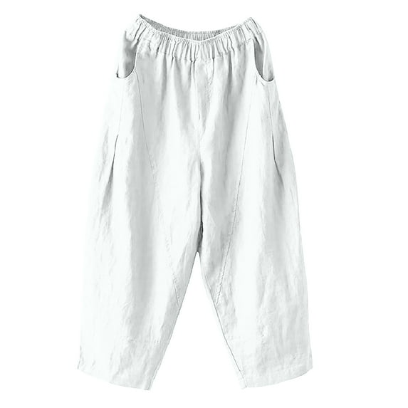 XPMWRP Fashion Womens Casual Solid Color Elastic Loose Pants Straight Wide Leg Trousers With Pocket White XL