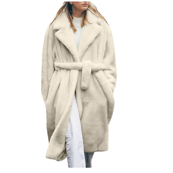 XPMWRP Faux Fur Coat Plus Size Mid-Length Loose Overcoat Suit Collar Warm Long Sleeve Women Casual Winter Fashion Outerwear Beige XXL