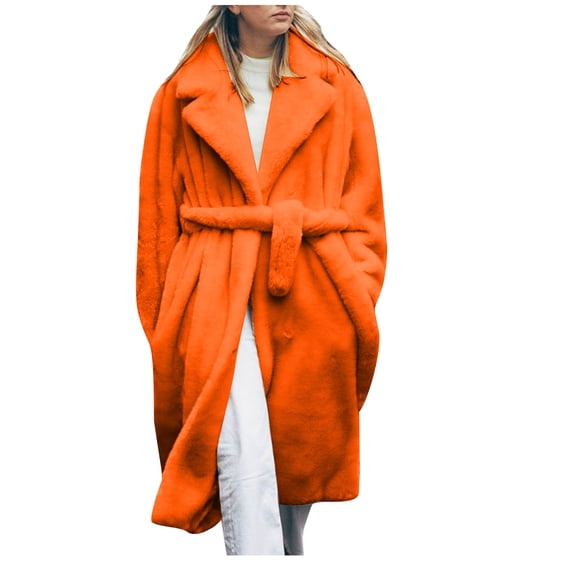 XPMWRP Faux Fur Coat Plus Size Mid-Length Loose Overcoat Suit Collar Warm Long Sleeve Women Casual Winter Fashion Outerwear Orange M