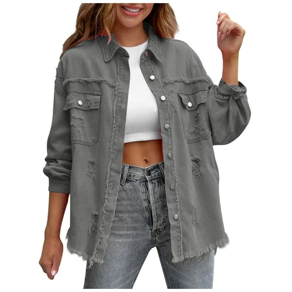 XPMWRP Fringed Ripped Long Sleeve Denim Jacket Casual Fashionable Winter Wear Soft Comfortable Regular Fit Perfect for Daily Outdoor Activities Gray L