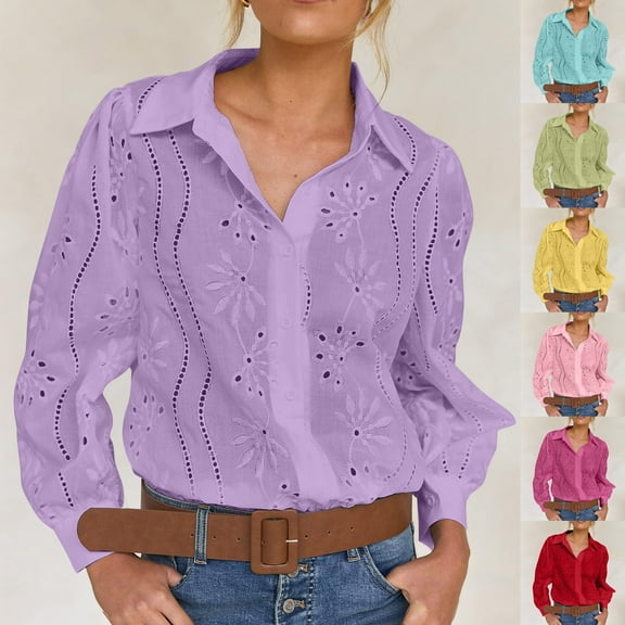 XPMWRP Hollow Out Shirts for Women Lapel Button Down Puffed Sleeve Blouse Casual Flower Petal Business Work Out Tops Light Blue XXL