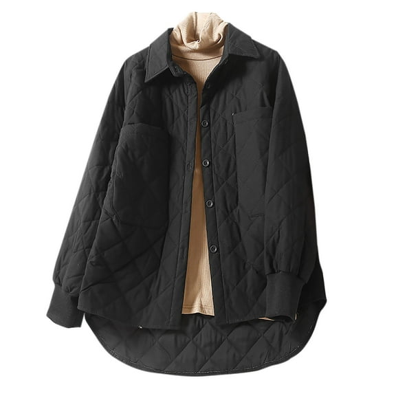 XPMWRP Lapel Long Sleeve Pocket Cotton Jacket Casual Lightweight Quilted Outerwear Comfy Stylish Top Daily Wear Ideal for Fall Winter Seasons Black M