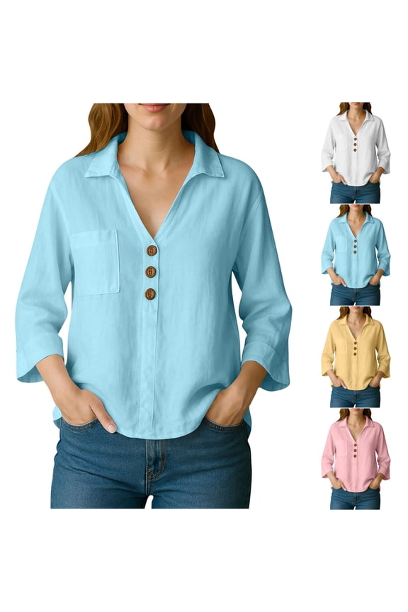 Linen Shirts for Womens Button Down V Neck Collared Pullover Long Sleeve Blouses Casual Loose Tunic Tops White XXL