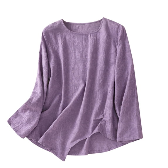 XPMWRP Linen Shirts for Womens Crew Neck Long Sleeves Solid Color Loose Fashion Casual Comfy T-Shirt Blouse Pullover Tops Purple XXL