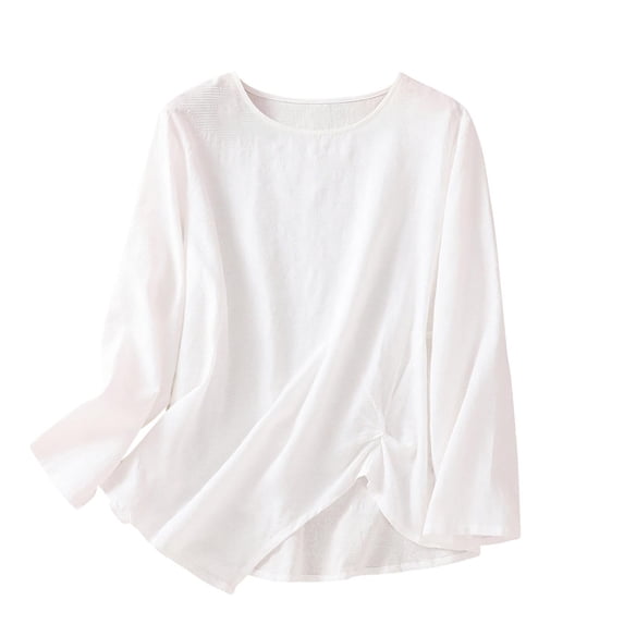 XPMWRP Linen Shirts for Womens Crew Neck Long Sleeves Solid Color Loose Fashion Casual Comfy T-Shirt Blouse Pullover Tops White XXL