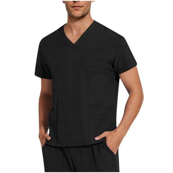 XPMWRP Men Scrub Tops Short Sleeve V-Neck Modern Fit T-Shirts Soft Stretch Easy Care Tops With 3 Pockets Black S