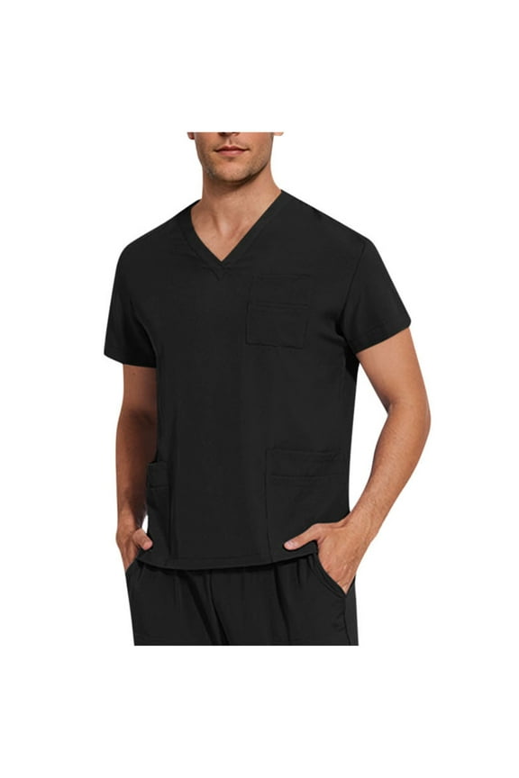Men Scrub Tops Short Sleeve V-Neck Modern Fit T-Shirts Soft Stretch Easy Care Tops With 3 Pockets Black XL