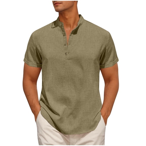 XPMWRP Men's Band Collar T-Shirts Short Sleeve Casual Summer Basic Tees V-Neck Button Loose Fit T-Shirts Army Green L