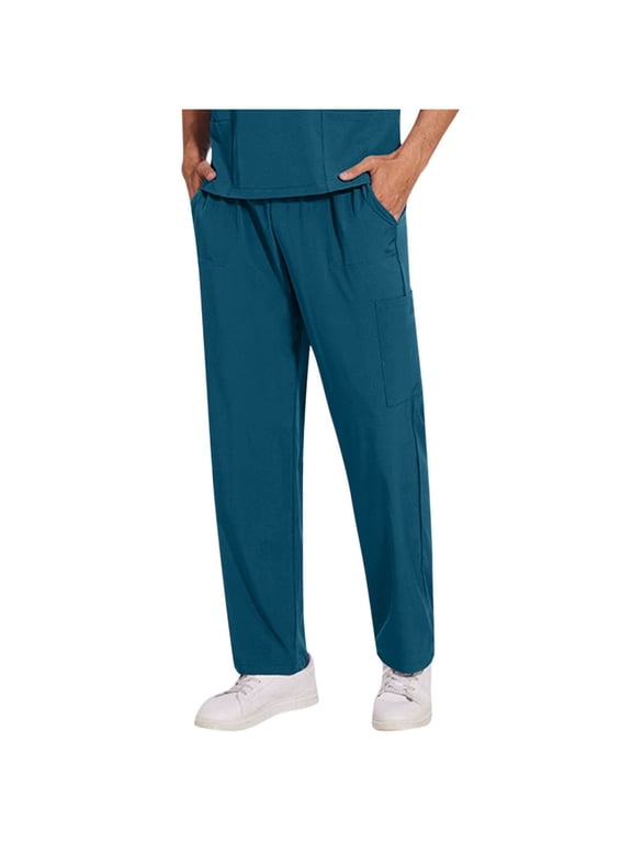 Men's Cargo Pants Loose Fit Elastic Waist Drawstring Pants Lightweight Solid Color Straight Leg Pants with Pockets Navy S