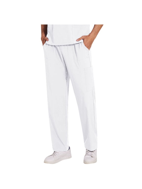 Men's Cargo Pants Loose Fit Elastic Waist Drawstring Pants Lightweight Solid Color Straight Leg Pants with Pockets White M