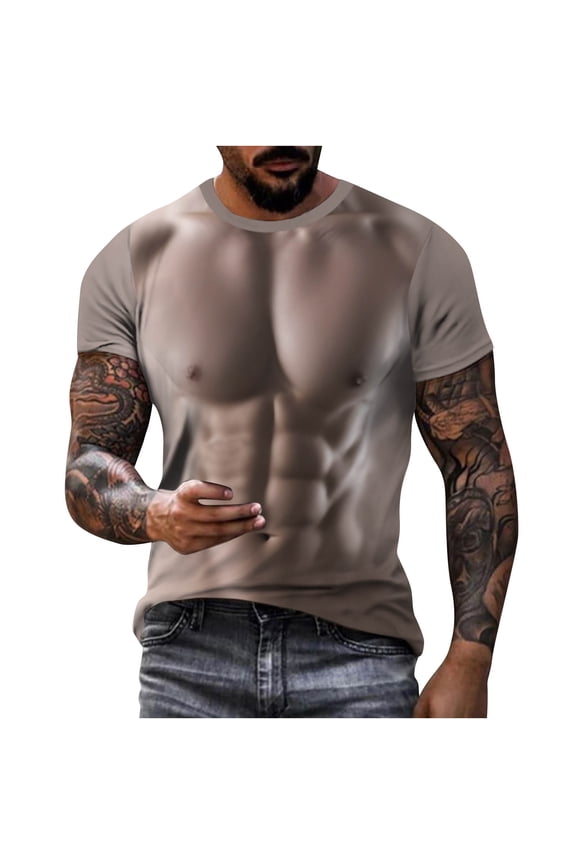 Men's Summer Muscle Printed Tops Fashion Funny Casual T-Shirts Short Sleeve Crewneck Shirts Khaki XL