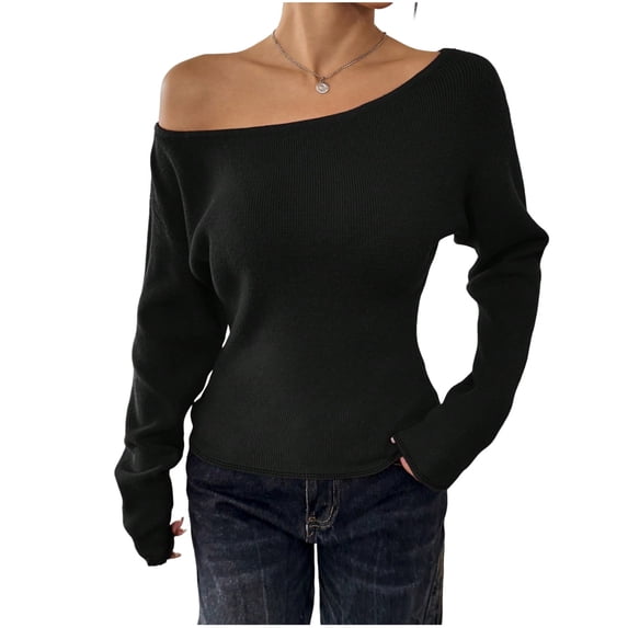 XPMWRP Off The Shoulder Tops for Womens Long Sleeve Going Out Tops Knit Cotton Tops Trendy Slim Fit Fall Clothing Black XL
