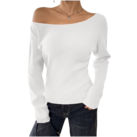 XPMWRP Off The Shoulder Tops for Womens Long Sleeve Going Out Tops Knit Cotton Tops Trendy Slim Fit Fall Clothing White L