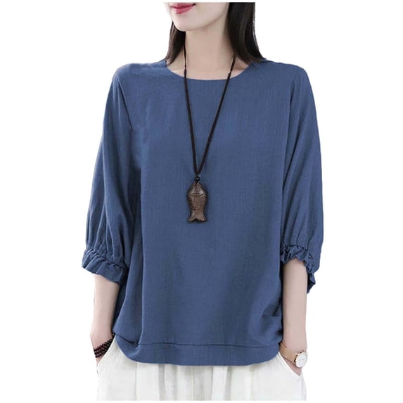 XPMWRP Ruffle Sleeve Tops for Women Plus Size Elbow Length Summer Tops Crew Neck Casual Loose Fit Plain T Shirts Basic Tees Blue XXXL