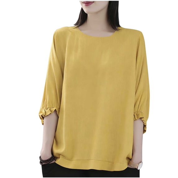 XPMWRP Ruffle Sleeve Tops for Women Plus Size Elbow Length Summer Tops Crew Neck Casual Loose Fit Plain T Shirts Basic Tees Yellow XXL