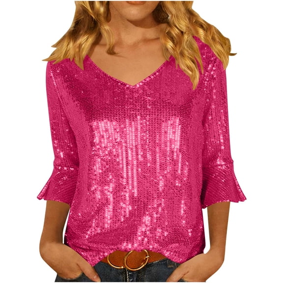 XPMWRP Sequin Sparkly Shirts for Women Dressy Casual 3/4 Sleeve Glitter Blouses Elegant V Neck Party Tunic Tops Hot Pink M
