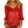 thumbnail image 1 of XPMWRP Sequin Sparkly Shirts for Women Dressy Casual 3/4 Sleeve Glitter Blouses Elegant V Neck Party Tunic Tops Purple XXL, 1 of 9