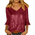 thumbnail image 1 of XPMWRP Sequin Sparkly Shirts for Women Dressy Casual 3/4 Sleeve Glitter Blouses Elegant V Neck Party Tunic Tops Wine L, 1 of 9