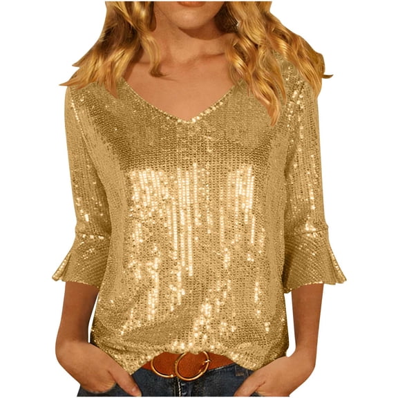 XPMWRP Sequin Sparkly Shirts for Women Dressy Casual 3/4 Sleeve Glitter Blouses Elegant V Neck Party Tunic Tops Yellow L