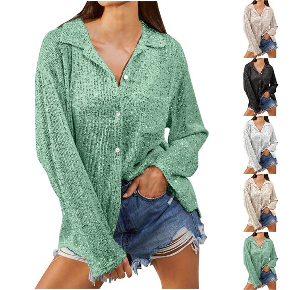 XPMWRP Sequin Tops for Women Button Shirt Sparkly Blouse V Neck Glitter Plus Size Holiday Evening Party Shiny Dressy Shirts Gold M