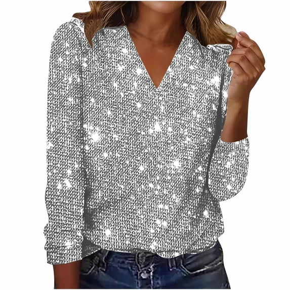 XPMWRP Sequin Tops for Women Long Sleeve Glitter Sparkly Shirts V Neck Dressy Date Night Party Holiday Outfits Blouses Gray XXL