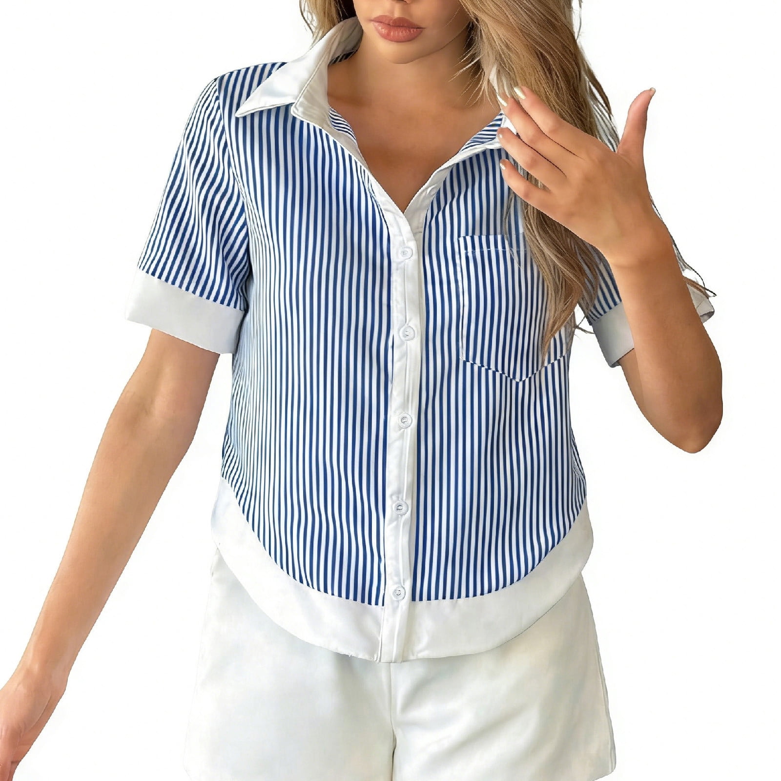XPMWRP Striped Button Down Shirts for Women Short Sleeve Dress Shirts ...