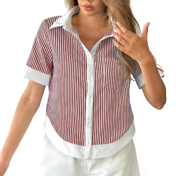 XPMWRP Striped Button Down Shirts for Women Short Sleeve Dress Shirts Collared V Neck Blouse Work Business Tops Wine S