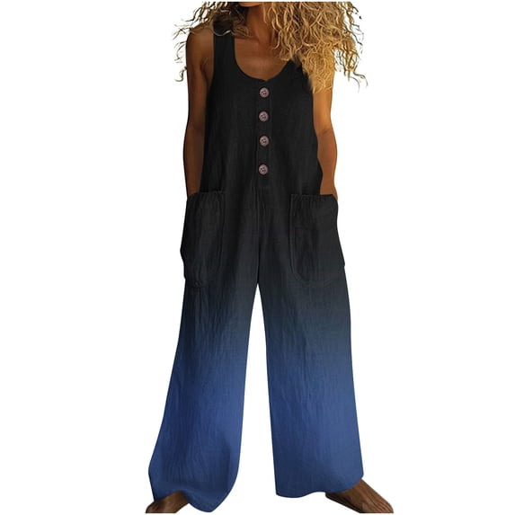 XPMWRP Summer Linen Jumpsuits for Women Button Down Sleeveless Casual Jumpers Loose Wide Legs Rompers Overalls with Pockets Dark Blue M