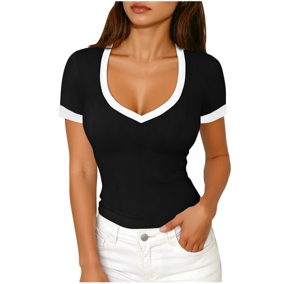 XPMWRP Summer Tops for Women Short Sleeve Tops V Neck Ribbed Knit Slim Fitted Basic Tee Shirts Casual Clothes Spring Outfits Black L