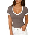 thumbnail image 1 of XPMWRP Summer Tops for Women Short Sleeve Tops V Neck Ribbed Knit Slim Fitted Basic Tee Shirts Casual Clothes Spring Outfits Brown L, 1 of 6