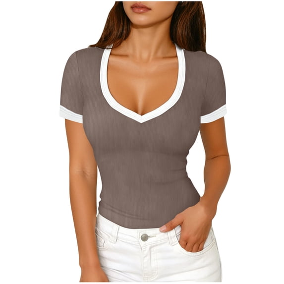 XPMWRP Summer Tops for Women Short Sleeve Tops V Neck Ribbed Knit Slim Fitted Basic Tee Shirts Casual Clothes Spring Outfits Brown L