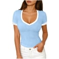 thumbnail image 1 of XPMWRP Summer Tops for Women Short Sleeve Tops V Neck Ribbed Knit Slim Fitted Basic Tee Shirts Casual Clothes Spring Outfits Light Blue S, 1 of 6
