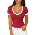 thumbnail image 1 of XPMWRP Summer Tops for Women Short Sleeve Tops V Neck Ribbed Knit Slim Fitted Basic Tee Shirts Casual Clothes Spring Outfits Red L, 1 of 6