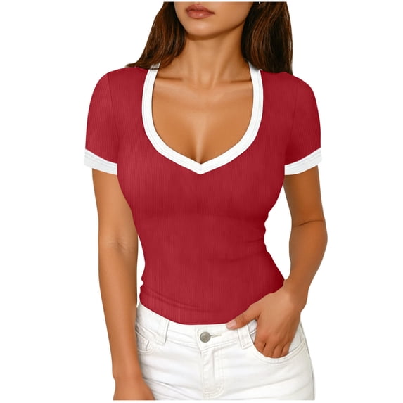 XPMWRP Summer Tops for Women Short Sleeve Tops V Neck Ribbed Knit Slim Fitted Basic Tee Shirts Casual Clothes Spring Outfits Red L