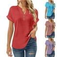 thumbnail image 1 of XPMWRP Summer Tops for Women Trendy Short Sleeve Cotton Linen Shirt Casual Button V Neck Tunic Blouses Outfit Red XXL, 1 of 6