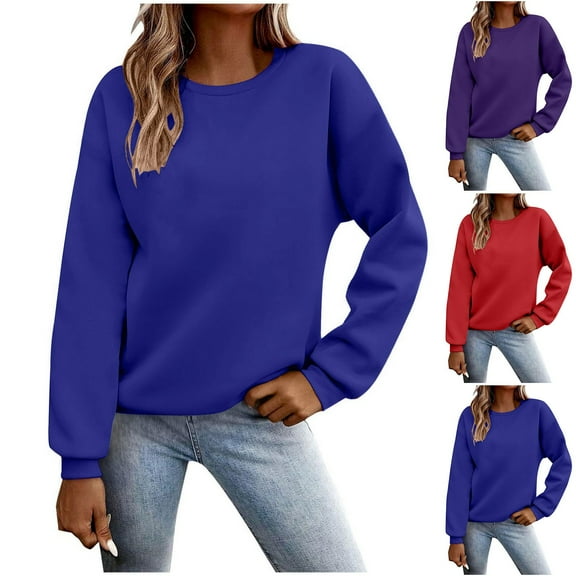 XPMWRP Sweatshirts for Women Crewneck Long Sleeve Loose Fit Tops Solid Color Cute Pullover Fall Winter Fashion Clothes Purple XS