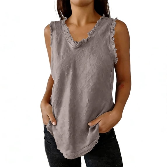 XPMWRP Tassel Tank Tops for Women Distressed Casual Linen Fringe Camisoles Vest Sleeveless Ruffled Crewneck Frayed Edged Blouse Gray XXL