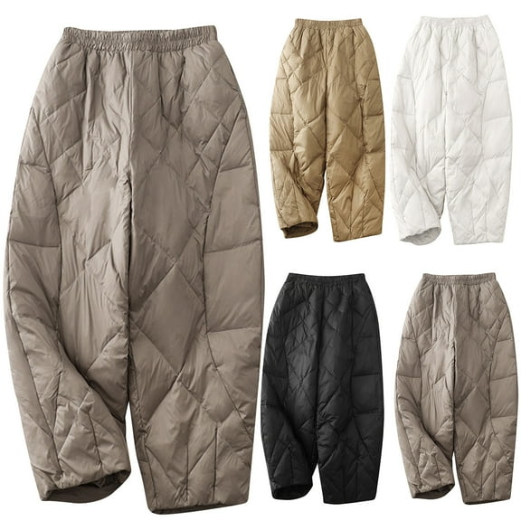 XPMWRP Windproof Quilted Padded Down Pants for Women Thicken Winter Warm Loose Wide Leg Snow Ski Pants with Pockets White L