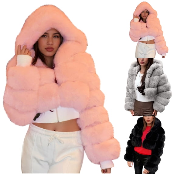 XPMWRP Winter Cropped Coats Womens Faux Fur Jacket Long Sleeve Hooded Jackets Zipper Fuzzy Short Coat Outerwear Pink M