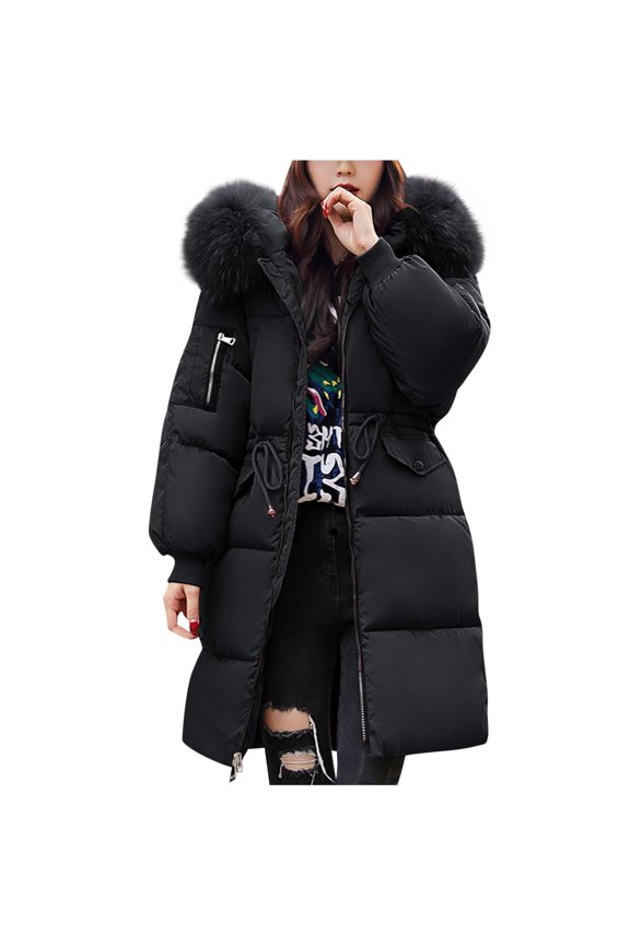 Winter Mid Length Bread Jacket Large Wool Collar Thickened Cotton Jacket Long Sleeve Parkas Casual Outerwear Daily Travel Home Holiday Black M