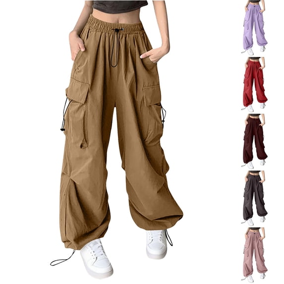 XPMWRP Women Baggy Cargo Pants High Waist Straight Leg Vintage Multi Pocket Casual Parachute Streetwear Trousers Gray L