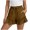 thumbnail image 1 of XPMWRP Women Casual Ruffle Hem Shorts Elastic Waist Drawstring Summer Shorts with Side Pockets for Beach and Casual Wear Brown L, 1 of 7