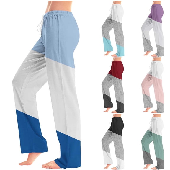 XPMWRP Women Color Block Pants Long Comfy Casual Drawstring Stretch Wide Leg Fashion Elastic Waist Pant with Pockets Gray S