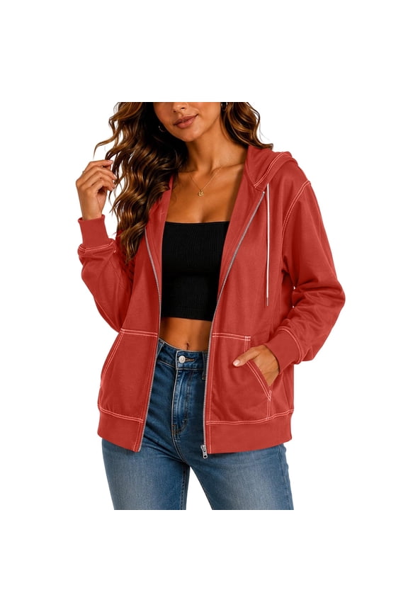 Women Contrast Stitch Hooded Zip Up Sweatshirt Jacket Drawstring Pocket Loose Long Sleeve Casual Outer Coat Red S