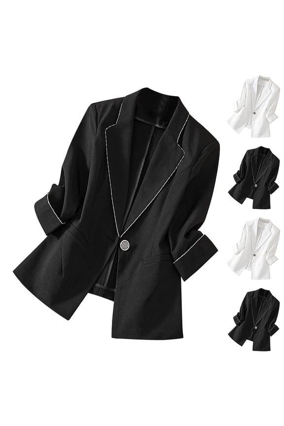 Women Contrast White Piping Blazer Jacket Notched Lapel 3/4 Sleeve One Button Work Casual Suit Outer Coat Black M