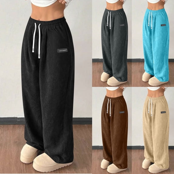 XPMWRP Women Corduroy Pants Baggy Elastic High Waisted Wide Leg Drawstring Trousers Soft Comfy Fashion Lounge Loose Pant Sky Blue L
