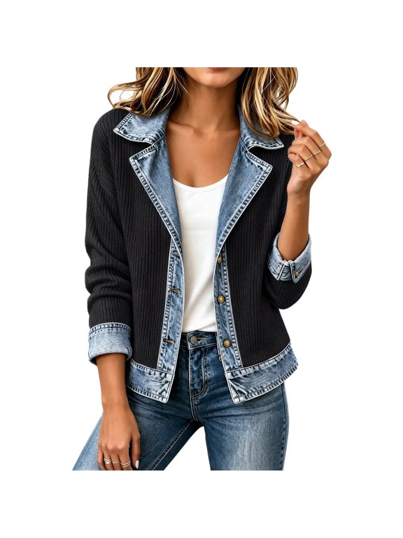 Women Denim‑Spliced Ribbed Knit Short Jacket Notched Lapel Button‑Front Cuffed Long Sleeve Casual Outer Coat Black XXL
