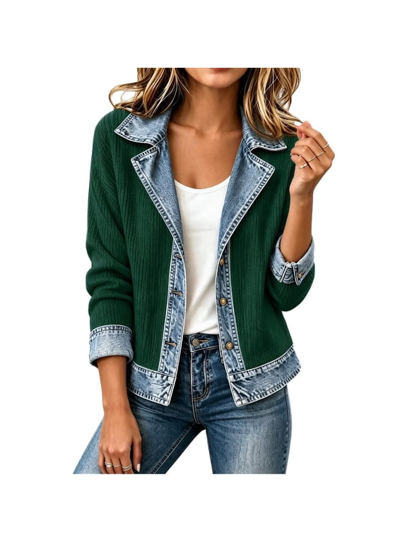 Women Denim‑Spliced Ribbed Knit Short Jacket Notched Lapel Button‑Front Cuffed Long Sleeve Casual Outer Coat Green S
